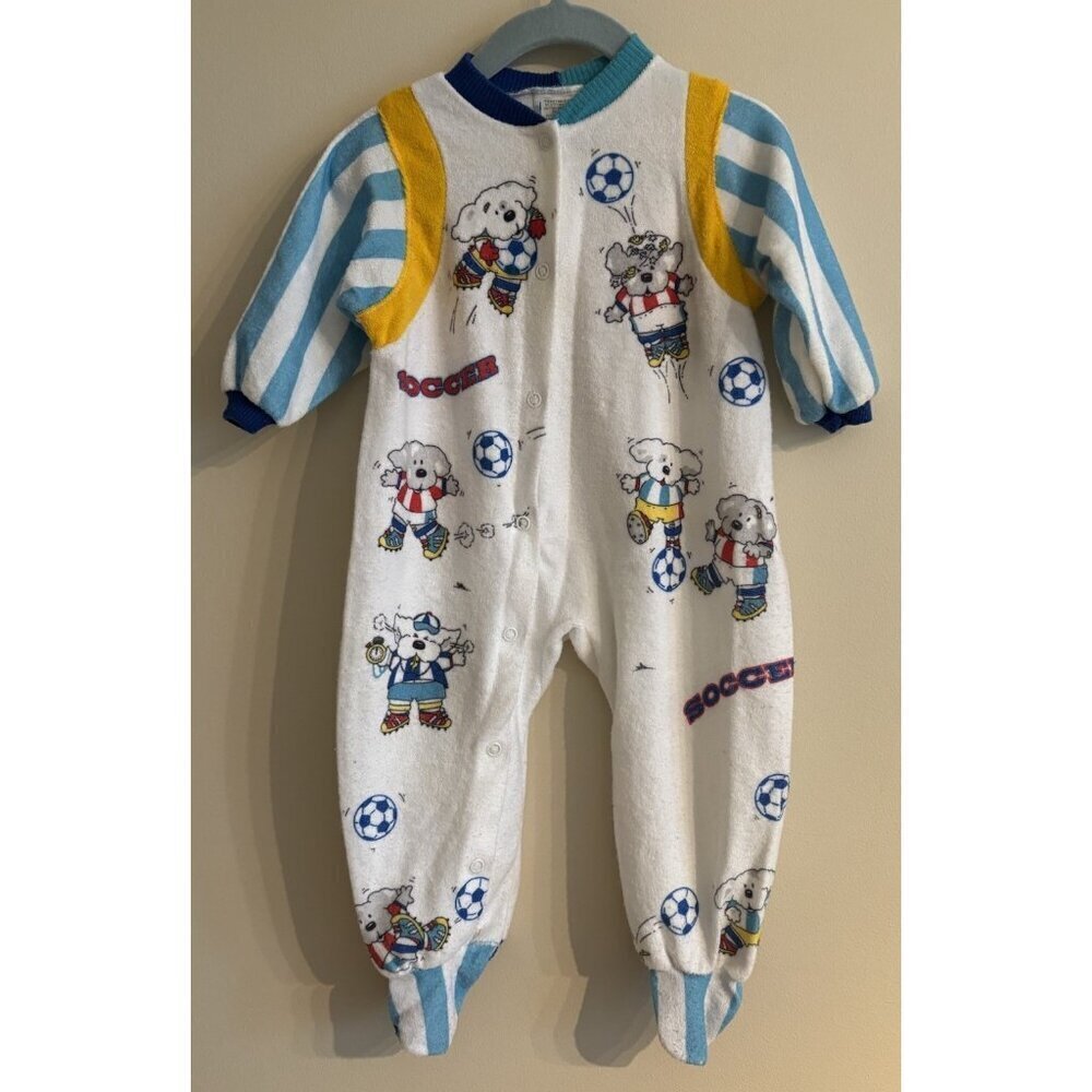 Vintage 90s Carters Terry Cloth Bears Soccer Snap Dogs Pajama 12-18 Months
